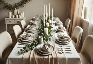 A simple Thanksgiving dining table setting with neutral tones. It features layered neutral linens, simple white candles, a garland of greenery down the center, minimalistic dinnerware, and clear glassware. The setup creates a serene and elegant atmosphere, perfect for a calm and inviting Thanksgiving celebration. 