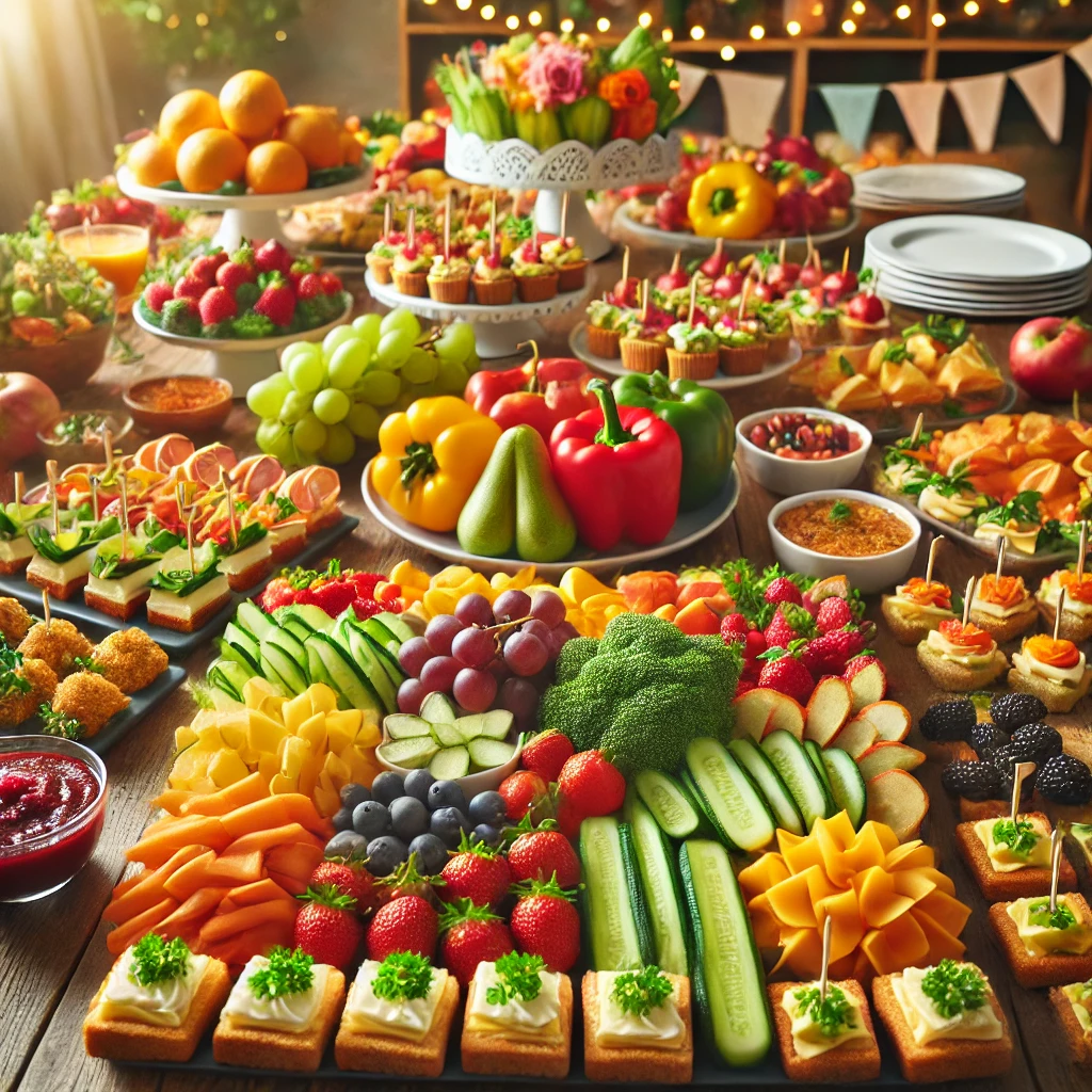 . A variety of colorful and nutritious finger foods displayed on a party table