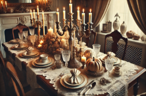 A vintage-inspired Thanksgiving dining table setting. It showcases a lace tablecloth, antique candelabras, and family heirlooms, creating an atmosphere filled with elegance, nostalgia, and a sense of cherished tradition. Enjoy the timeless and refined setup for a memorable Thanksgiving gathering!