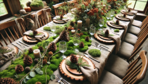 A woodland-themed Thanksgiving table setting. It features a moss table runner, rustic wood chargers, and pinecone place cards, creating a natural and earthy ambiance for a cozy Thanksgiving celebration. 