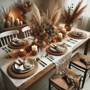 Boho Chic Christmas Dining Table Decor. This setup combines rustic elements with a bohemian flair, perfect for an eclectic and stylish holiday gathering. Enjoy the boho chic vibes!