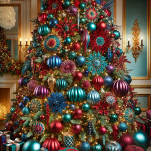 Bold and Bright with Jewel Tones, Using Deep, Vibrant Colors and Balancing with Metallic Accents for Christmas Tree. This design showcases a luxurious and vibrant style with rich jewel tones and elegant metallic touches. Enjoy the inspiration for a dazzling and bold holiday decor!