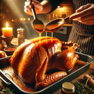 An image depicting the process of spooning or brushing the turkey's juices back over its surface during cooking, ensuring a moist and flavorful Thanksgiving turkey. The scene captures the rich, aromatic juices being carefully basted over the golden-brown turkey, enhancing its taste and texture. 