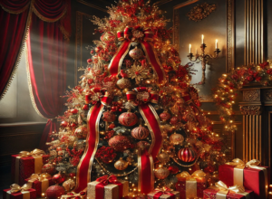 Classic Elegance with a Red and Gold Theme and Incorporating Ribbons and Garlands for Christmas Tree.This beautifully decorated tree captures a timeless and sophisticated holiday style. Enjoy the inspiration for your Christmas decor!