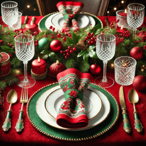 Classic Red and Green Christmas Table Setting. It embodies the traditional holiday colors and festive atmosphere perfect for a Christmas celebration. Enjoy the visual!