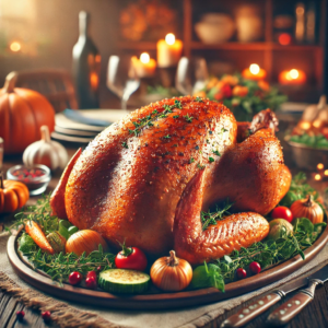 Cook the Turkey Upside Down,a beautifully presented Thanksgiving turkey cooked upside down to keep it moist. The turkey is surrounded by fresh herbs and roasted vegetables, creating a festive and cozy Thanksgiving atmosphere.