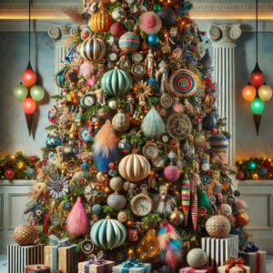 Eclectic Style with a Mix-and-Match Approach, Combining Different Shapes and Sizes Balancing the Chaos for Christmas Tree. This design brings a playful and artistic touch to holiday decor, blending various shapes, sizes, and colors for a unique and vibrant look. Enjoy the inspiration for your Christmas tree!