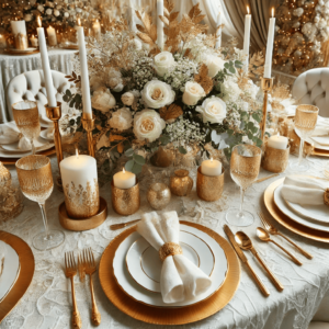 Elegant Gold and White Christmas Table Decor. This design exudes luxury and sophistication, perfect for an upscale holiday gathering. Enjoy the elegance of the festive setting!