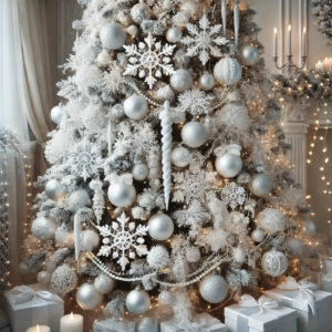 Elegant White Christmas Theme, Using White Ornaments and Accents and Creating a Snowy Effect for Christmas Tree. This design brings out a serene and sophisticated winter ambiance, perfect for a classic and elegant Christmas decor. Enjoy the inspiration for your holiday setup!