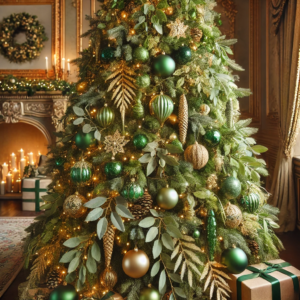 Festive Foliage with Green and Gold, Mixing Green and Gold Ornaments and Using Greenery Garlands for Christmas Tree. This design captures a rich and elegant blend of green and gold, perfect for creating a warm and festive holiday atmosphere. Enjoy the inspiration for your Christmas tree decor!