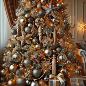  Glam It Up with Metallics, Layering Gold, Silver, and Bronze Choosing Statement Decorations for Christmas Tree. This design showcases a luxurious and dazzling approach to holiday decor, perfect for adding a touch of glamour to your Christmas celebration!