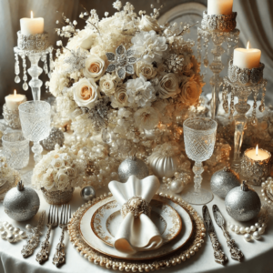 Glamorous Christmas Table Setting with Crystals and Pearls. This setting exudes luxury and elegance, perfect for a sparkling holiday celebration. Enjoy the glamorous ambiance!