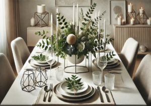 Modern Minimalist Thanksgiving Table featuring simple tableware, geometric candle holders, and greenery as a centerpiece. 