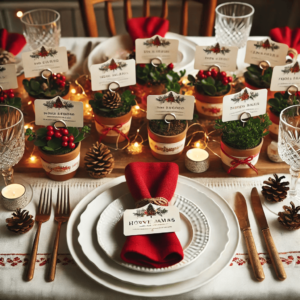 Personalized Christmas Table Settings. This setup features custom nameplates and a cozy, inviting atmosphere, perfect for a warm and personalized holiday gathering. Enjoy the unique touch!