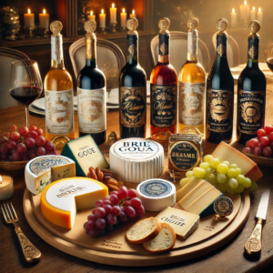 Personalized Wine and Cheese Sets That Will Wow Your Loved Ones. This visual showcases a luxurious and elegantly arranged wine and cheese set, complete with personalized elements, perfect for gifting on special occasions. 