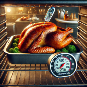 An image that highlights the importance of using the right cooking temperature for a moist Thanksgiving turkey. The scene captures a perfectly roasted turkey inside an oven, with a digital thermometer showing the ideal internal temperature, ensuring a juicy and flavorful feast.