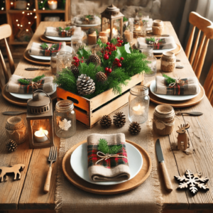 Rustic Christmas Dining Table Setting. This setup reflects a cozy, country-style holiday ambiance, perfect for those who love a natural and warm Christmas atmosphere. Enjoy the rustic charm!