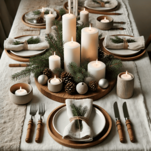 Scandinavian Christmas Table Decoration Style. This design showcases a clean, cozy, and natural approach, perfect for a minimalist and elegant holiday celebration. Enjoy the simplicity and warmth of the Scandinavian style!