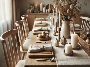 Scandinavian-inspired Thanksgiving dining table decor with a neutral color palette. It incorporates wooden serving boards, linen napkins, and simple white candles, creating an elegant and minimalist setting perfect for a cozy Thanksgiving celebration. 