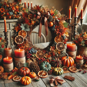 Seasonal Wreaths and Centerpieces That Will Wow Your Loved Ones. This visual captures a beautifully arranged collection of wreaths and centerpieces filled with autumnal elements, perfect for adding a cozy and festive touch to any Thanksgiving celebration. 