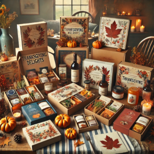 Subscription Boxes for Thanksgiving Delights That Will Wow Your Loved Ones. This visual features a beautifully curated collection of subscription boxes filled with gourmet snacks, artisanal goodies, and autumn-themed items, perfect for a thoughtful and festive gift.