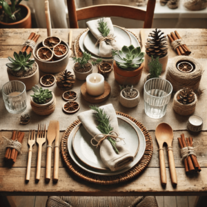 Sustainable and Eco-Friendly Christmas Table Decor. This setting emphasizes natural and reusable elements, perfect for an earth-conscious holiday celebration. Enjoy the cozy, eco-friendly atmosphere!