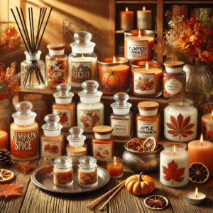 Thanksgiving Candles and Fragrances That Will Wow Your Loved Ones. This visual showcases a beautifully arranged collection of fall-themed candles and fragrances, perfect for creating a warm and cozy Thanksgiving atmosphere. 