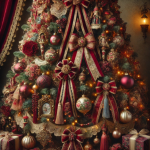 Traditional Charm with a Victorian Theme, Choosing Rich Fabrics and Colors, Incorporating Vintage Ornaments for Christmas Tree. This design reflects a timeless and sophisticated Victorian style, perfect for an elegant and classic Christmas decor. Enjoy the inspiration for your holiday setting!