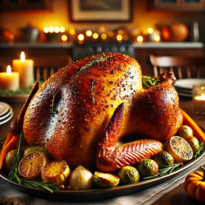 a beautifully roasted Thanksgiving turkey cooked using an aromatic butter rub. The golden-brown turkey, with its crisp skin and rich herbs, creates a delicious and inviting presentation, perfect for a festive Thanksgiving meal!