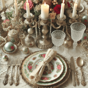 Image Expression: Vintage-Inspired Christmas Table Settings. This setup brings a nostalgic and elegant vibe, perfect for those who love a classic, old-world charm for their holiday celebrations. Enjoy the vintage aesthetics!