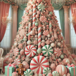 Whimsical Wonderland with a Candy Theme, Using Candy Cane Stripes and Peppermint Swirls and Adding Plush Ornaments and Soft Colors for Christmas Tree. This design captures a fun and magical holiday spirit with its playful candy-themed decorations. Enjoy the inspiration for a sweet and whimsical Christmas!