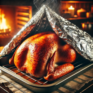 An image illustrating the technique of covering a Thanksgiving turkey breast with a tent of aluminum foil after it reaches a golden-brown color. This method helps keep the turkey moist while the rest of it continues to cook perfectly. The scene captures the warmth and coziness of a festive kitchen setting, perfect for Thanksgiving preparation!