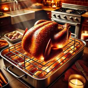 An image that demonstrates the use of a roasting rack for achieving a moist Thanksgiving turkey. The turkey sits elevated on a metal rack inside a roasting pan, allowing for even cooking and moisture retention. The golden-brown turkey, surrounded by vegetables, creates a perfect Thanksgiving ambiance. 